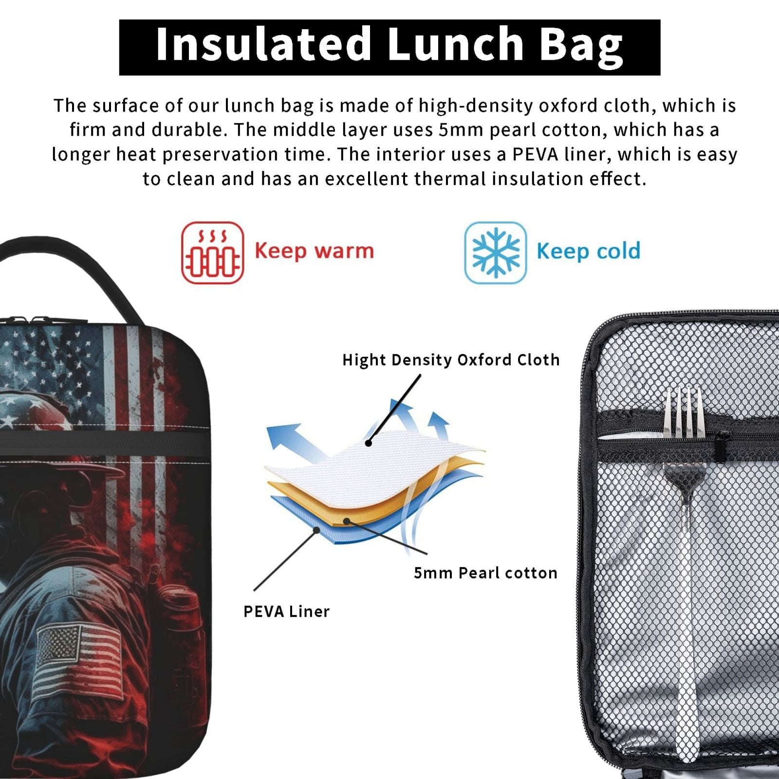 Fireman American Flag Lunch Box Bag Insulated Lunchbox Reusable Tote Thermal Cooler Portable for Women Men