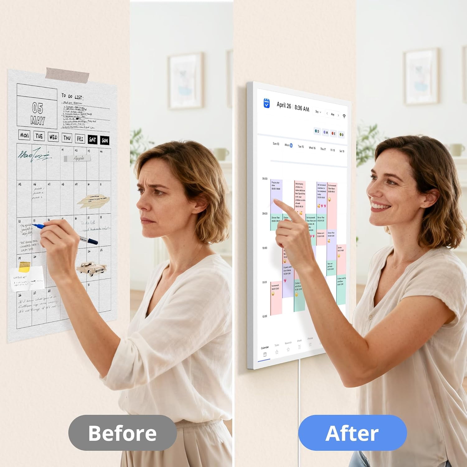 24 Inch Digital Calendar, Electronic Wall Calendar Chore Chart for Family Seamless Planner-White