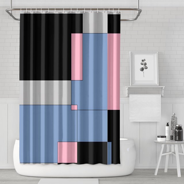 Ensemble de Rideau de Douche avec Encliquetage, Géométrie Rayée Mi-Siècle (1) Rideaux de Douche Imperméables, Simple Rideau de Bain en Polyester, 72x72 Pouces