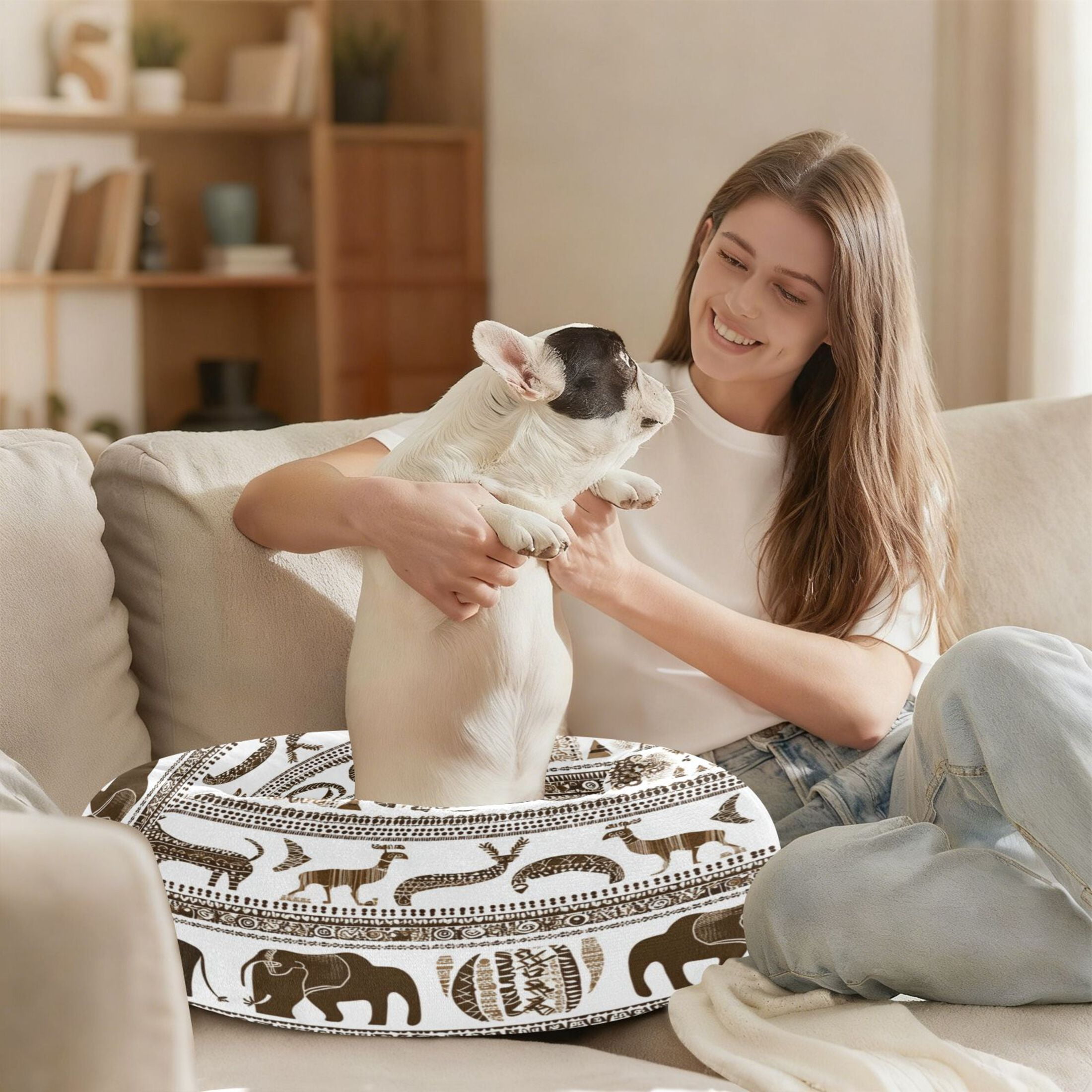 Iauyy Pet Couch Donut Cat Bed for Indoor Cats/Small Dogs Washable & Machine with Non-slip Bottom Calming Cat Furniture, Newt Art Style (M)