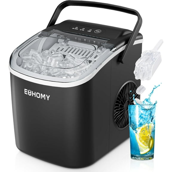 EUHOMY Countertop Ice Maker Machine with Handle, 26.4lbs Per Day, 9 Ice Cubes Ready in 6 Mins, Auto-Cleaning Portable Ice Maker with Basket and Scoop, for Home/Kitchen/Camping/RV (Black)