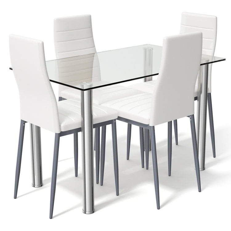 Finihen Dining Set, Dining Table Set, 5 Pieces Dining Set with 4 PVC Leather Chairs, for Home, Restaurant, White Finihen Dining Set, Dining Table Set, 5 Pieces Dining Set with 4 PVC Leather Chairs, for Home, Restaurant, White