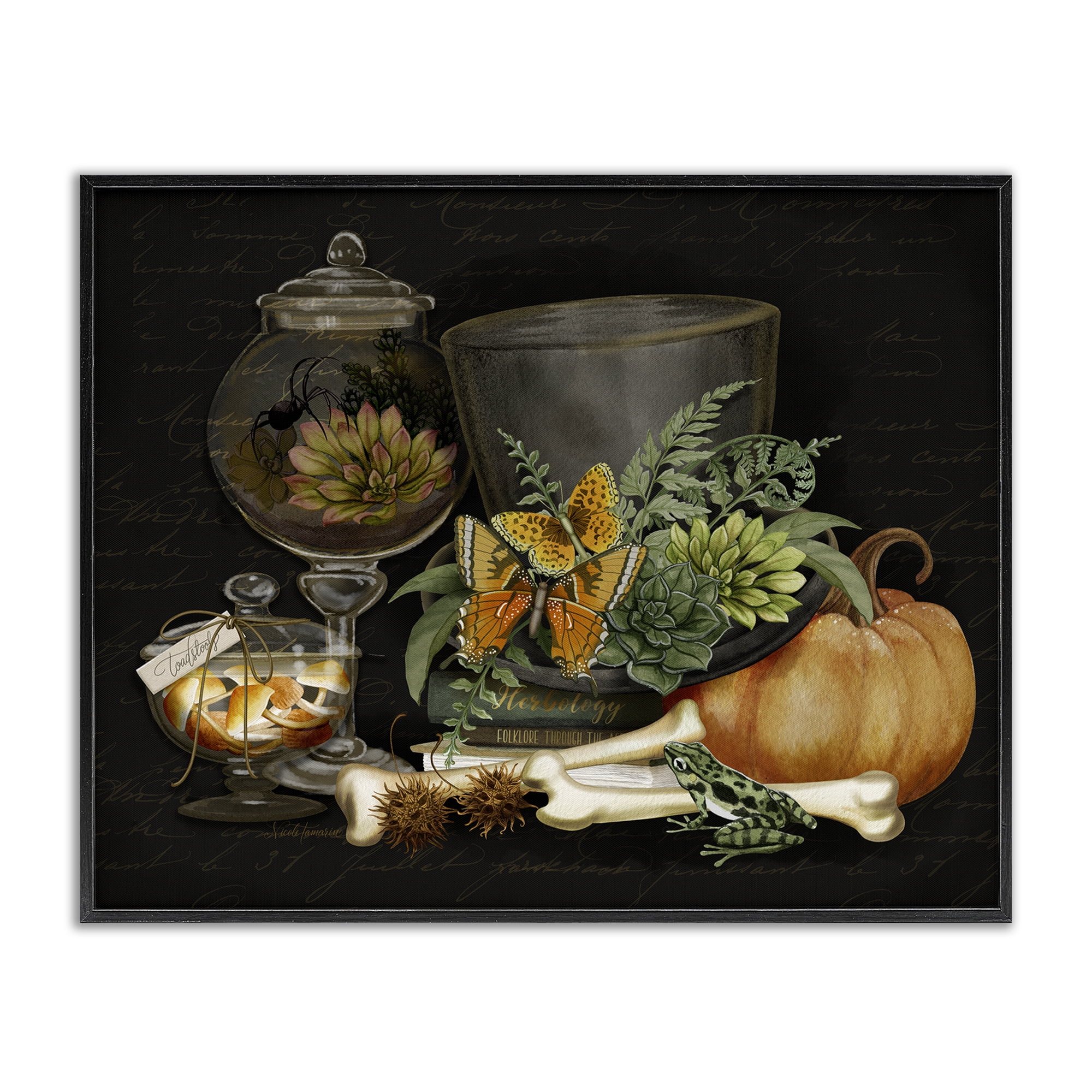 Stupell Industries Dark Academia Bookstack & Motif Black Framed Giclee Art design by Nicole Tamarin 16 x 20