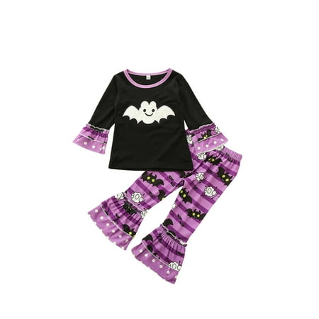 

Sunisery Toddler Baby Girls 2Pcs Halloween Outfits Ruffle Long Sleeve Tops + Pants Autumn Clothes Black Purple 3-4 Years