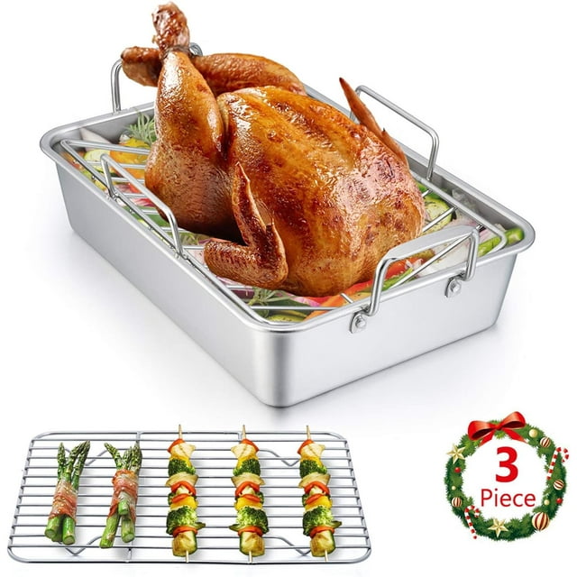 Roasting Pan Stainless steel Turkey Roaster with Rack Include Deep Lasagna Pan & Vshaped Rack & Roasting Rack & Heavy Duty Easy Clean & Dishwasher Rectangular