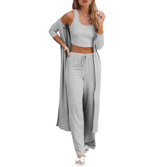 Sherrylily Fall Women Pajamas 3 Piece Set Crop Vest Top Loose Pants and Cardigan Knitwear Jumpsuit