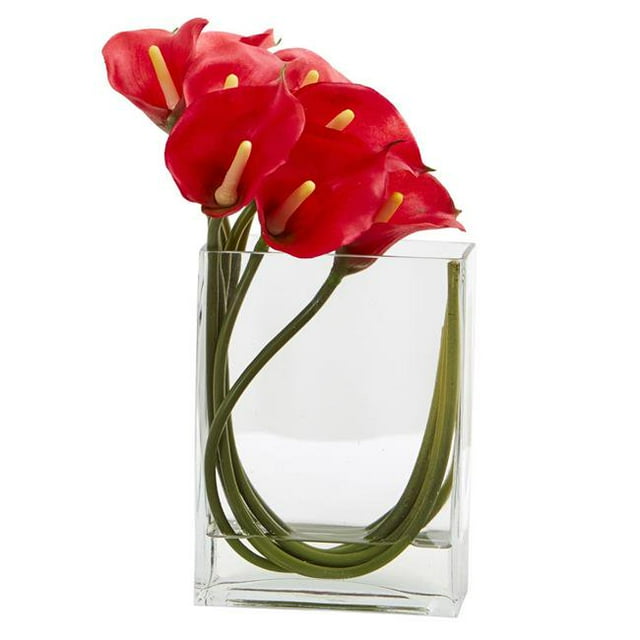1533-R D 12 Pouces Calla Lily dans un Vase en Verre Rectangulaire Arrangement Artificiel&44; Rouge