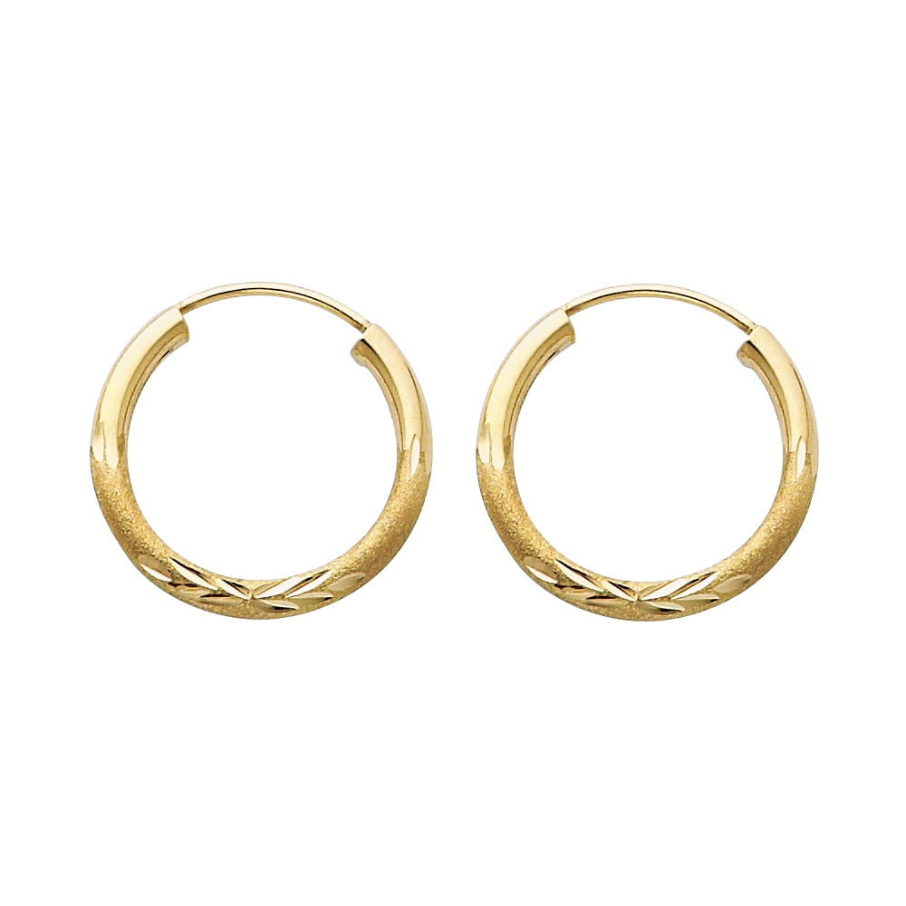 FB Jewels Solid 14K Yellow Gold Polished Satin and Diamond-cut Hoop Earrings