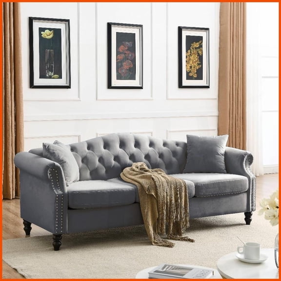 79” Grey Velvet Chesterfield 3-Seater Sofa – Tufted Rolled Arms with 2 Pillows for Living Room Bedroom Office