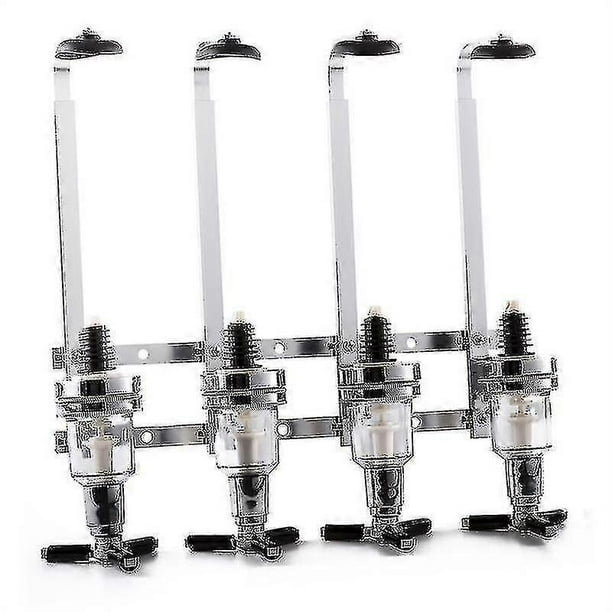 Dispensador de bebidas alcohólicas de acero inoxidable con soporte de pared para 4 botellas, ideal para vodka, whisky, ron y ginebra.