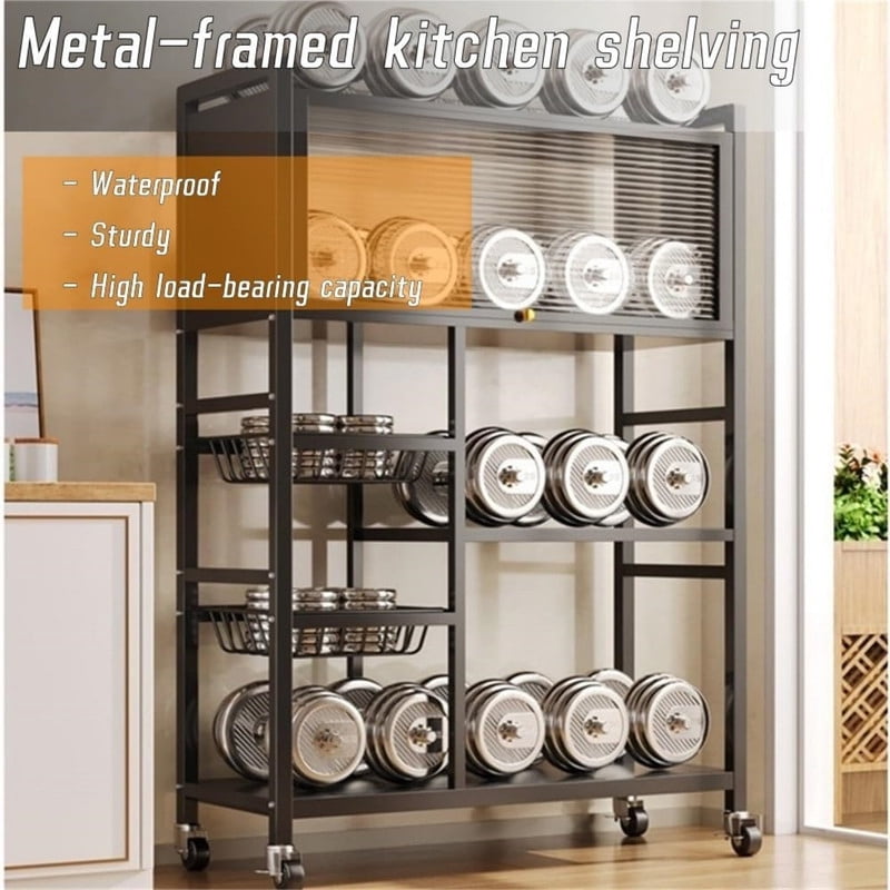 Kitchen Storage Rack with Acrylic Flip-Top Doors, Multifunctional Kitchen Storage Shelf with Baskets, Rolling Utility Serving Cart for Kitchen Garage