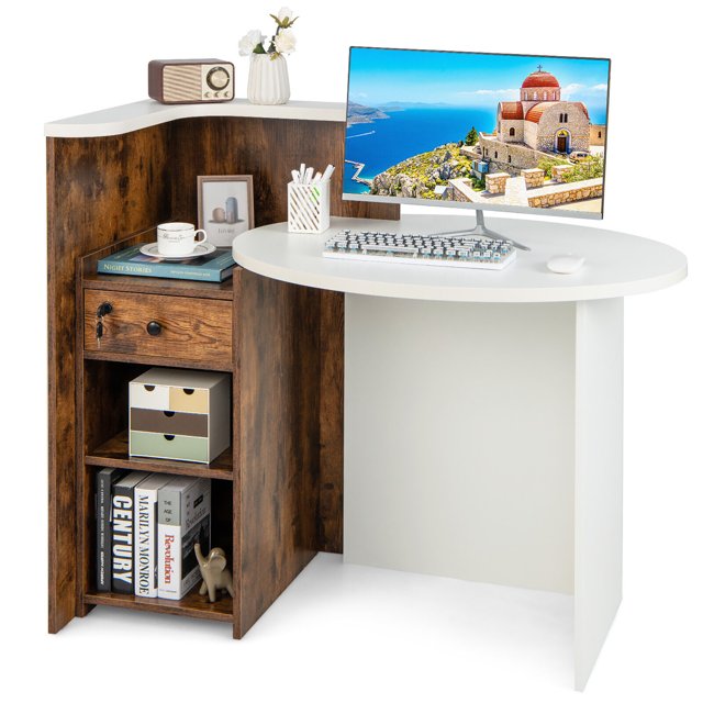 Gymax Front Reception Counter Desk Checkout Office Desk w/ Open Shelf & Lockable Drawer