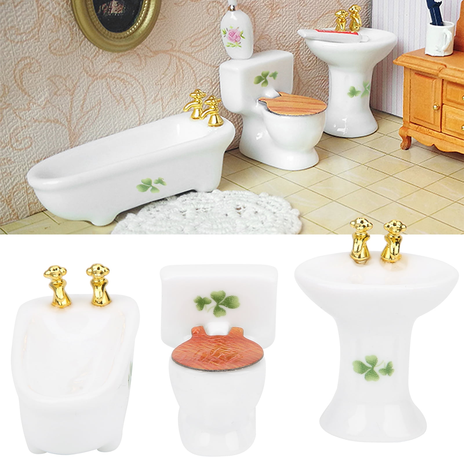 Cergrey 1/24 Dollhouse Miniature Bathroom Set Simulation Ceramic Bathtub Toilet Sink Kit