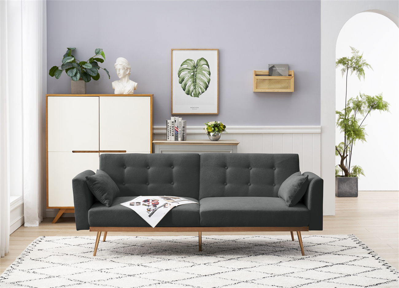 Cotton Living Room Folding Sofa Bed with Removable Handrail, Convertible Recliner Futon Couch