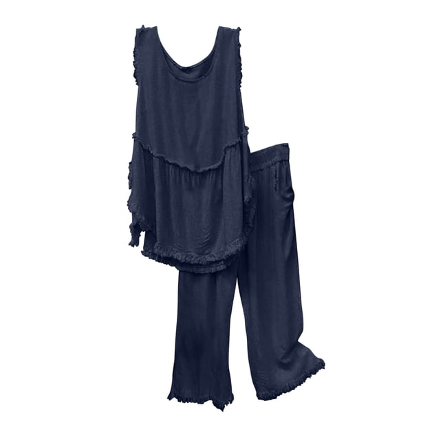 Conjunto de pantalones y tops de camisa sin mangas con cuello redondo liso para mujer Wmkox8yi bvn3743