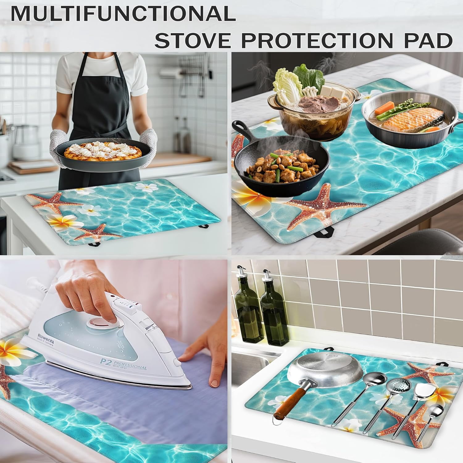 Electric Stove Top Cover,Sea Starfish Stove Cover for Glass Top Electric Stove,Summer Flower Heat Resistant Flat Top Stove Mat Countertop Protector, 28 x 20 Inch