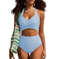 thumbnail image 6 of Women's High Waisted 2 Piece Bikini Sets Halter Swimsuits Striped Bathing Suit Beach Swimwear 2026 Blue M, 6 of 6