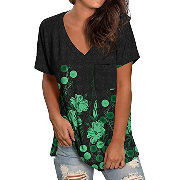 Pntutb Mujer Verano Estampado floral Cuello en V Camisetas Manga corta tops Blusa de mujer Pntutb Pntutb-4095