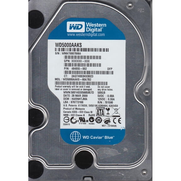 WD5000AAKS-60A7B2, DCM HARNHTJMA, Western Digital 500GB SATA 3.5 Hard Drive