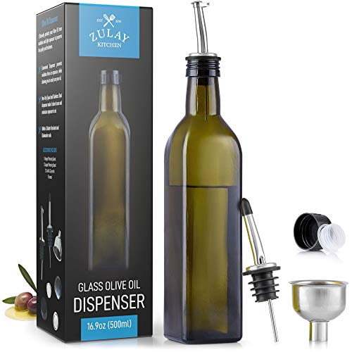 Zulay Kitchen Glass Olive Oil Bottle Dispenser 2 Spouts 2 Removable Corks 2 Caps 1 Funnel Dark Brown