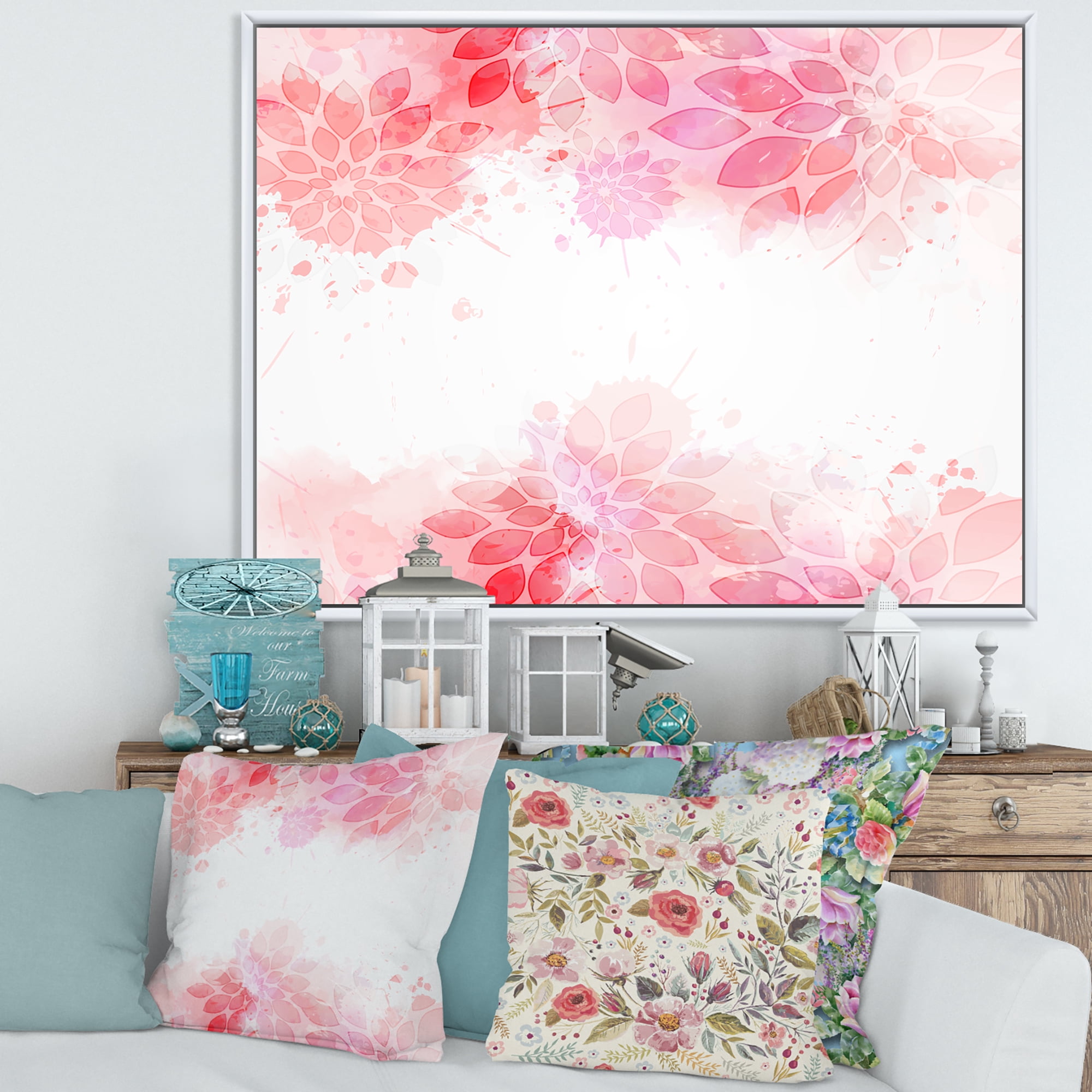 Designart 'Abstract Splashes of Pink Flowers II' Modern Framed Canvas Wall Art Print