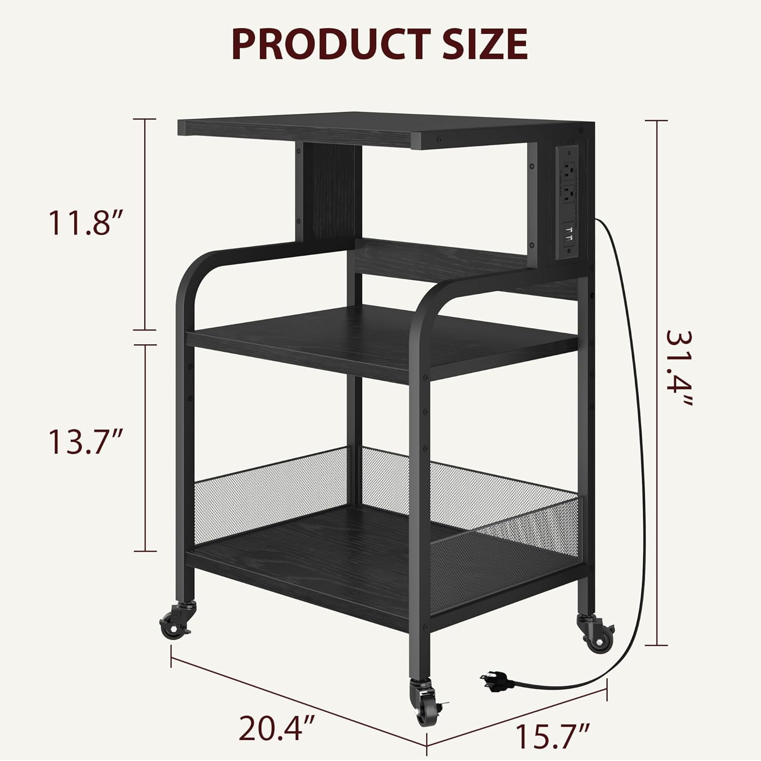 31.4''H Printer Stand with Power Outlets and USB Ports 3 Tier Printer Table w/Wheels Printer Storage Cart Rolling Printer Cart with Storage Shelf for Printer Scanner, Fax, Home Office