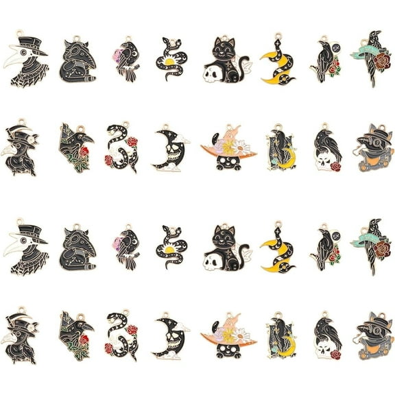 32Pcs Gothic Theme Alloy Enamel Pendants for DIY Crafts Jewelry Necklace Bracelet Making Halloween Mixed Color DIY