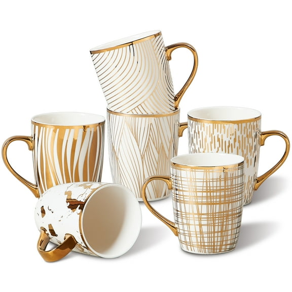 Contenpo 18oz Ceramic Mugs White & Gold Multicolored Set of 6, Ideal for Latte, Tea, Cappuccino