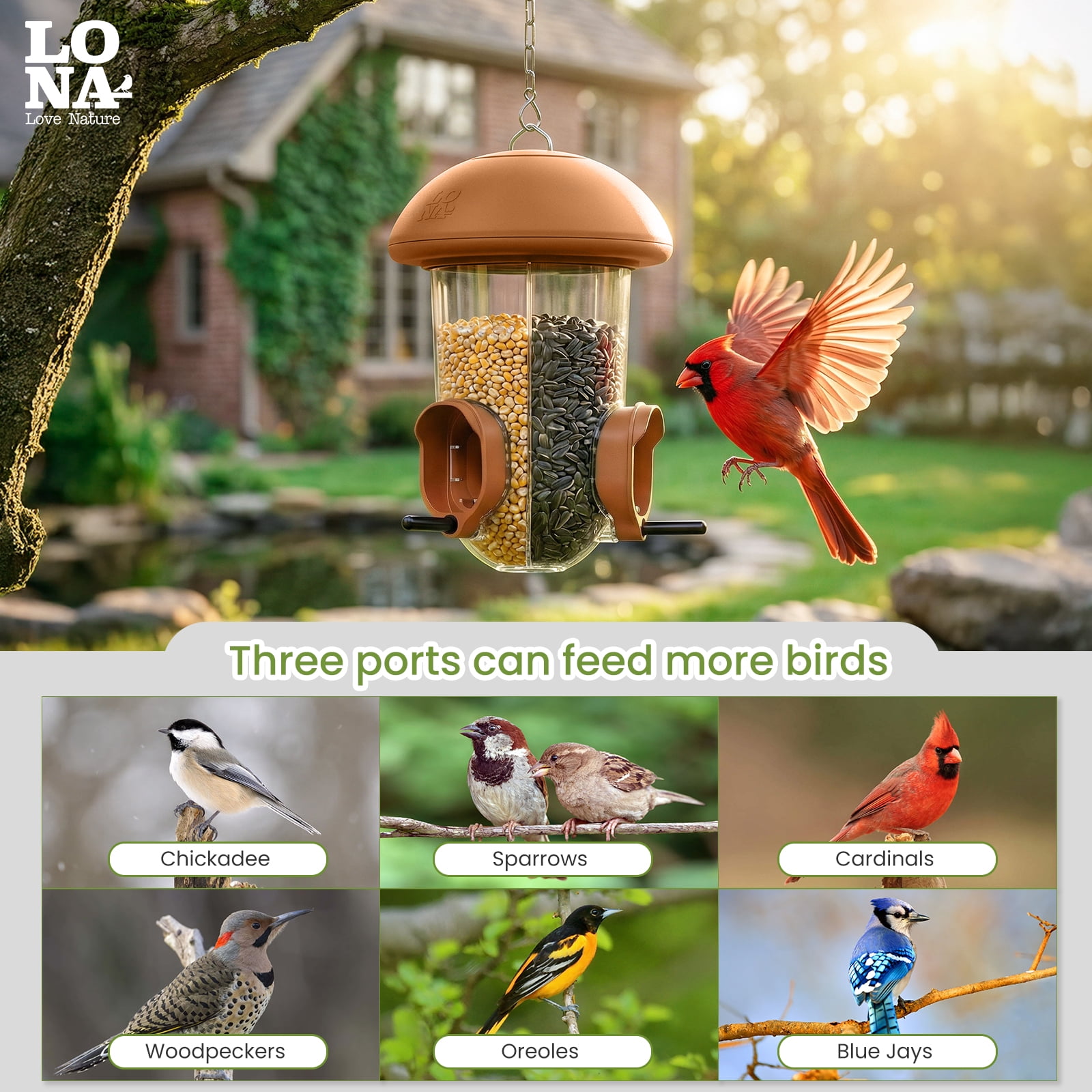 LONA Outdoor Bird Feeder, 3-Compartment & 3-Port Weather-Resistant Tube Feeder with Multiple Hanging Methods, Brown