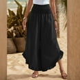 thumbnail image 5 of Women Cotton Linen Pants Summer Wide Leg Pants Smocked Waist Ruffle Hem Pant Vacation Boho Flowy Beach Pant Black L, 5 of 8