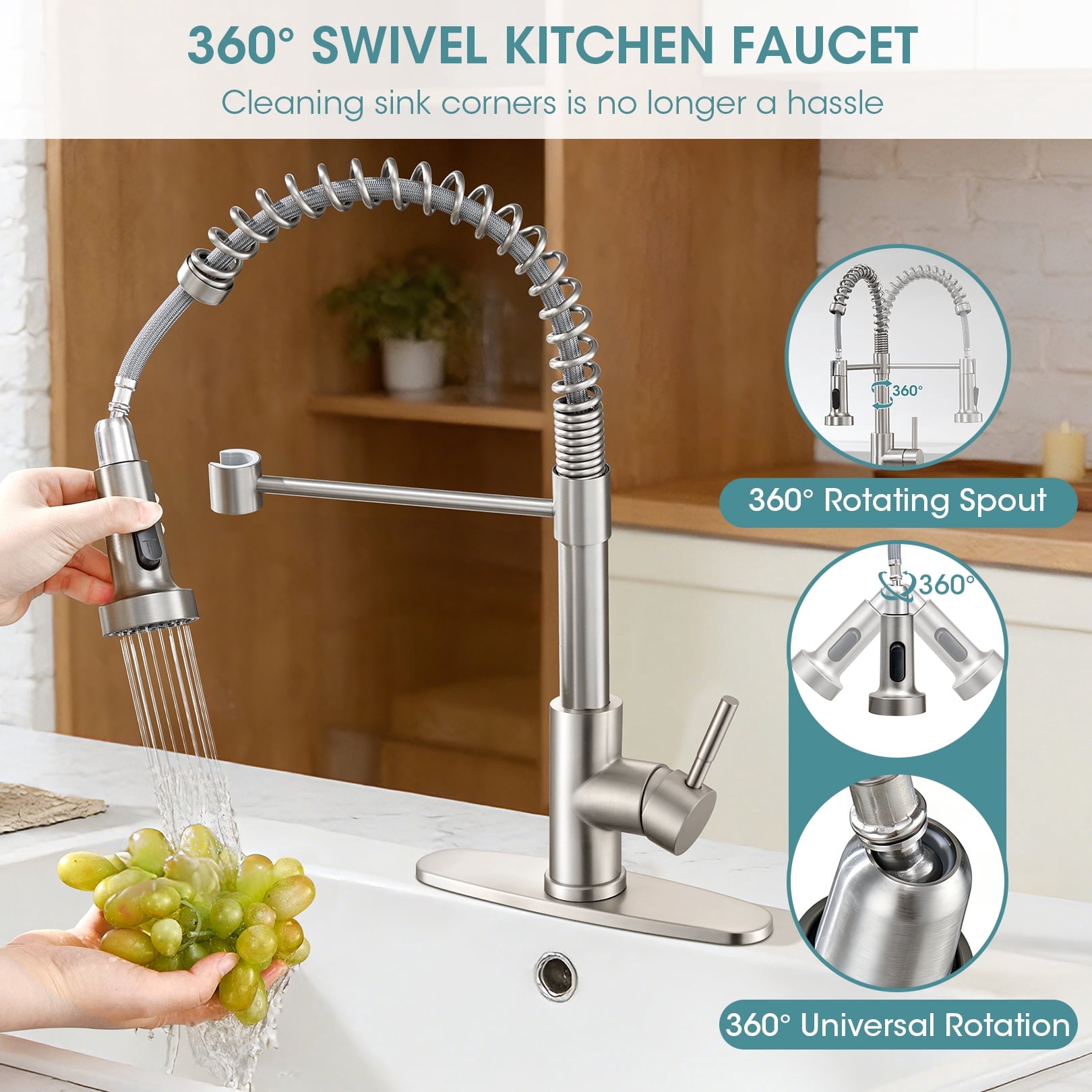 Wowkk Sanitary Ware 304 Stainless Steel Kitchen Faucet with Pull Out Sprayer, 2 Water Modes Single Handle Kitchen Sink Faucets with Deck Plate for Laundry Bar Patio Sink, Brushed Nickel