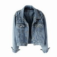 thumbnail image 3 of Women'S Jean Jacket Embroidered Rivet Pearl Short Denim Jacket Coat Blue XL, 3 of 7