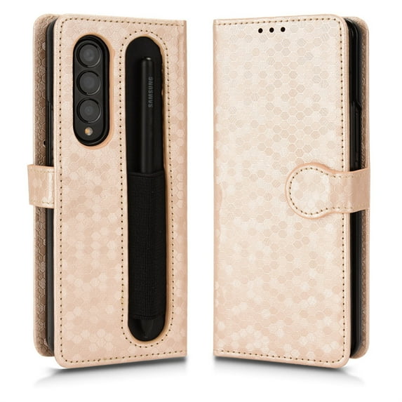 Jiahe Cover For Samsung Galaxy Z Fold4,Shockproof Wristband Wallet Card Slot Stand With S Pen Holder Case Cover,Rosegold
