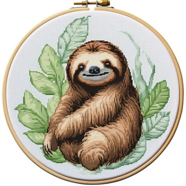 Sloth Round Shape Stamped Cross Stitch Kits for Beginners Easy with Hoop 11CT Needlepoint Embroidery DIY Counted Cross Stitch Kits Art Craft Wall Decoration 35x35cm(1)