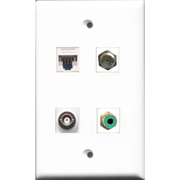 RiteAV - 1 Port RCA Green and 1 Port Coax Cable TV- F-Type and 1 Port BNC and 1 Port Cat5e Ethernet White Wall Plate