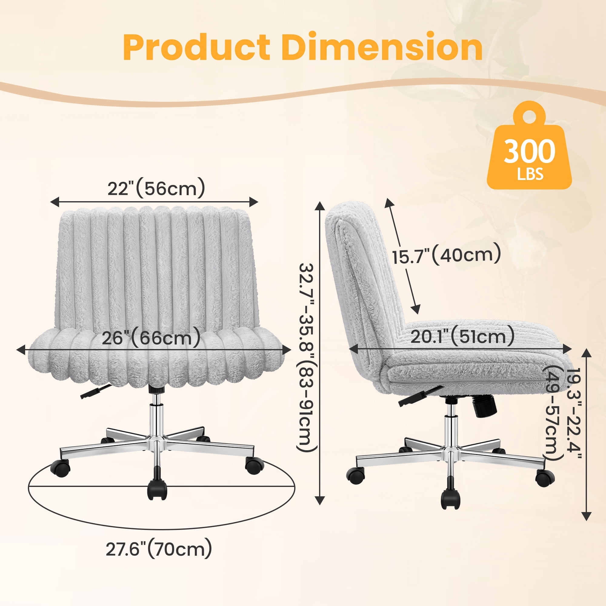 COOLHUT Office Chair Armless Criss Cross Legged Chair with Wheels, Teddy Fabric Comfy Home Office Desk Chairs, Wide Seat Vanity Task Computer Chair, Beige