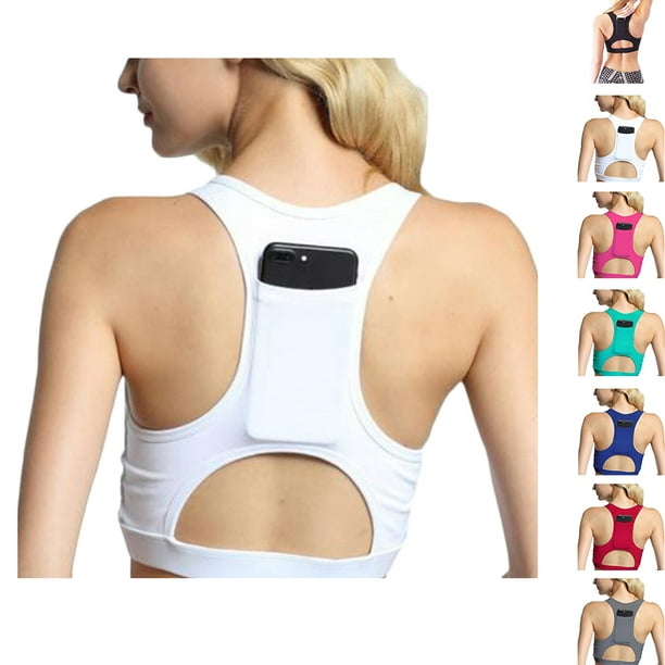 Ruiboury Women Sport Bra Gym Vest Phone Pocket Gym Vest Compression Padded Phone  Pocket Running Workout Top 
