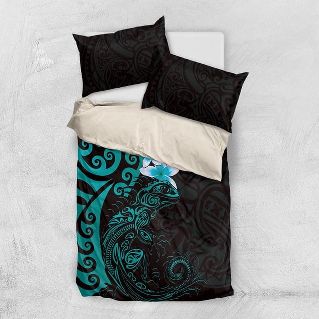 Nueva Zelanda Tuatara Plumeria Juego de cama Maori Teal Koru Tribal Tattoo LT01