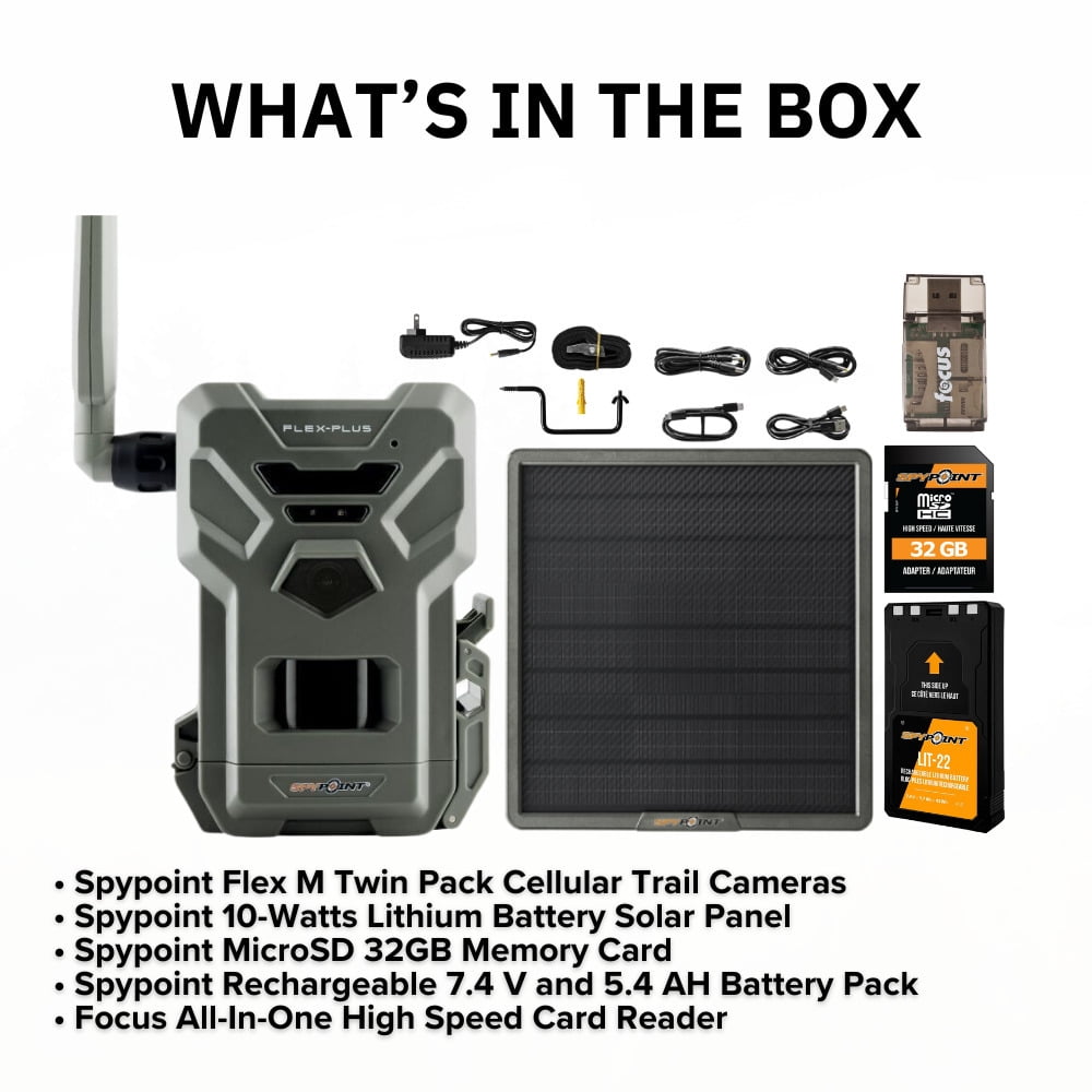 Spypoint FLEX-PLUS 36 MP Cellular Trail Camera Bundle with Lithium Battery Solar Panel, Rechargeable Lithium Battery Pack, Memory Card, and Focus All-In-One High Speed Card Reader (5 Items)