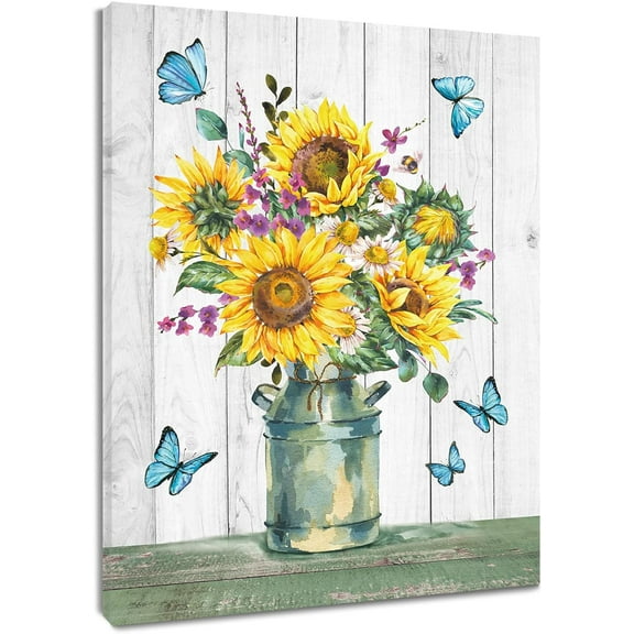 Yellow Sunflower Wall Art Blue Butterfly Canvas Print Wooden Framed Rustic Floral in Pot Picture Poster Painting for Bathroom Bedroom Living Room Wall Decor,12x16 inch