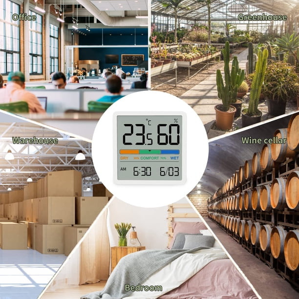 Termómetro higrómetro para interiores, termómetro digital de escritorio con monitor de temperatura y humedad, termómetro de habitación con indicador de humedad preciso con reloj (blanco)