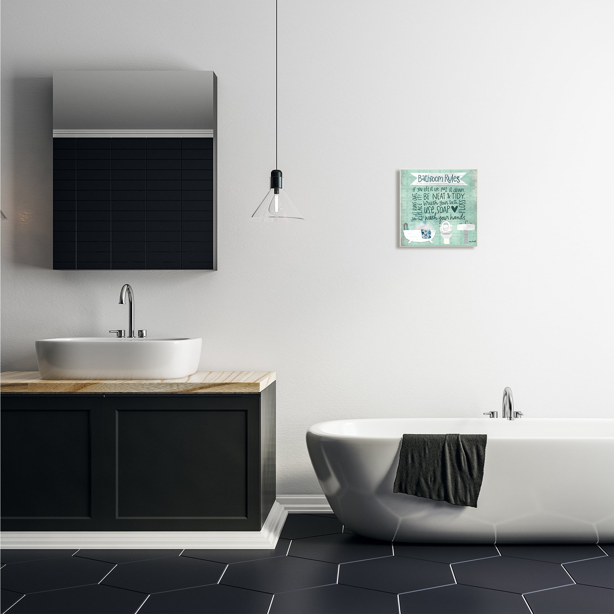 The Stupell Home Decor Aqua Blue Bathroom Rules Collage Look Typography