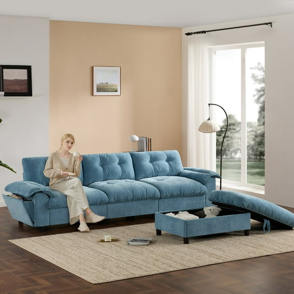 104" Sectional Sofa with Charging Station and Multifunctional Armrest, L-Shape Chenille Modular Sofa with Cup Holder & Side Storage Pockets, Movable Storage Ottoman, Unique Tufted Design, Light Blue