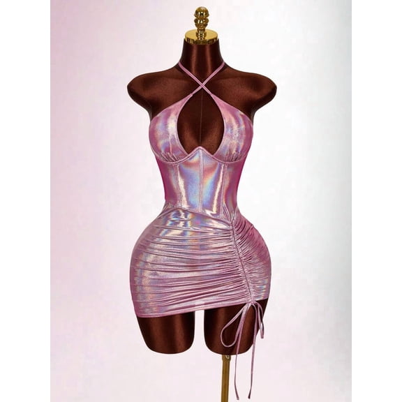 Pink Iridescent Halter Backless Ruched Mini Dress For Party