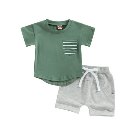 

Toddler Baby Boys Shorts Set Short Sleeve Crew Neck Stripes T-shirt with Elastic Waist Shorts Summer Outfit