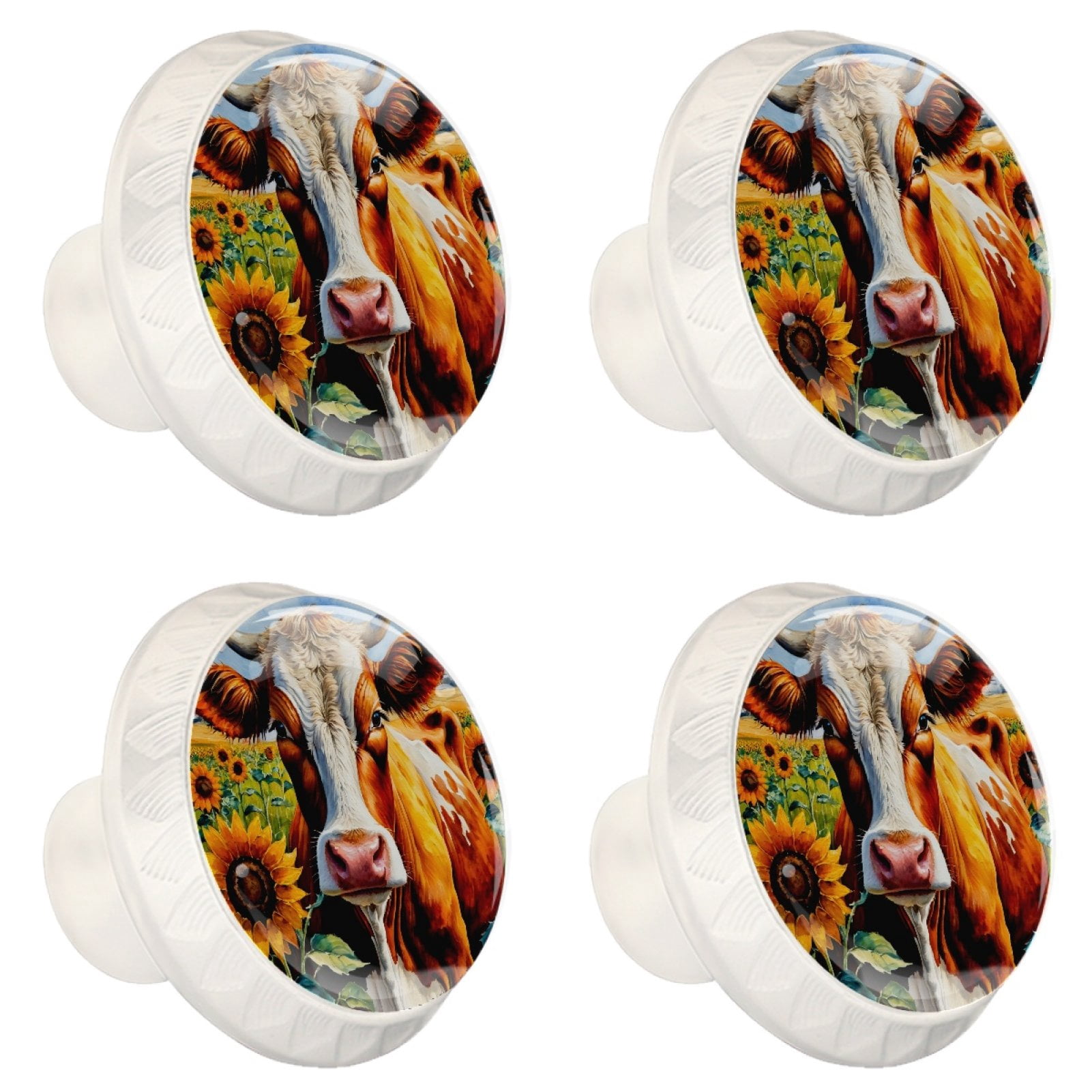 4 Pcs Cow and Sunflower Knobs for Kitchen Cabinet Cupboard Dresser Bookcase Drawer Pulls Handles Round Home Decor
