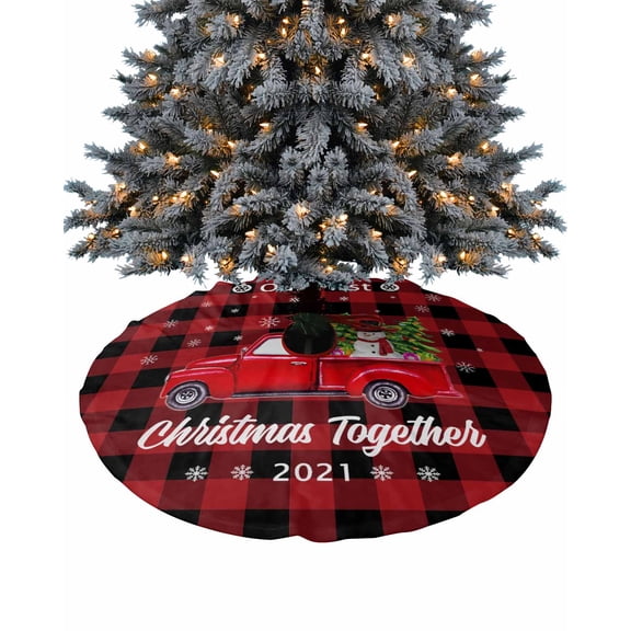Red Truck Christmas Christmas Tree Skirt 36 Inches Large Christmas Skirt Tree, Xmas Red Black Plaid Tree Snowman Tree Skirt Christmas Decorations for Fireplace Party Holidays Indoor Outdoor