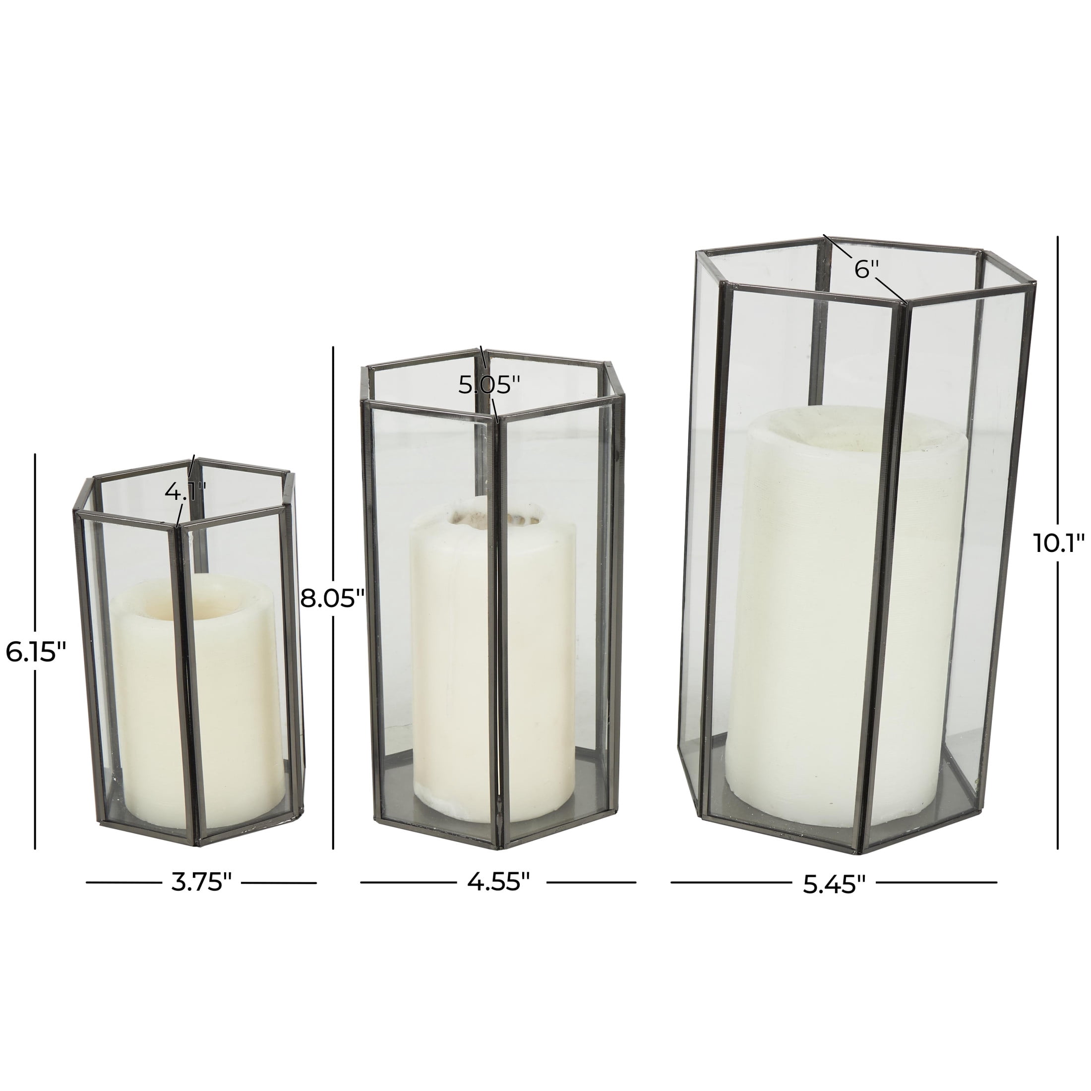 CosmoLiving by Cosmopolitan 3 Holder Clear Metal Geometric Hexagon Shaped Candle Lantern with Clear Glass, Set of 3
