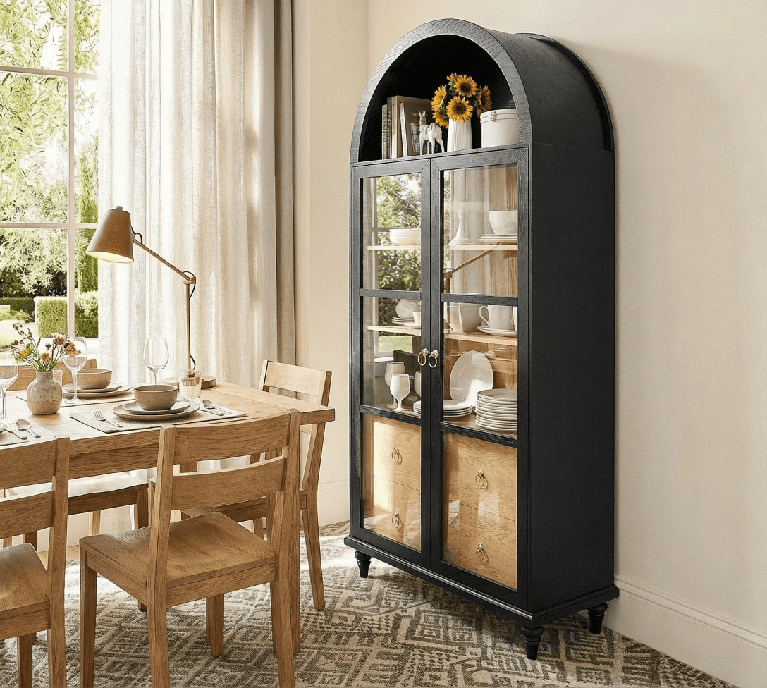 Lacoo 71'' Tall Arched Pantry Storage Cabinet with 2 Large Drawers & 3 Shelves, Display Cabinet with Glass Door for Kitchen Dining Room Living Room, Black