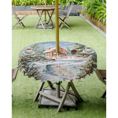 

Christmas Tablecloth with Umbrella Hole and Zipper Candy House Forest Round Outdoor Tablecloths 54 Inch Table Cloths Pine Tree Snow Cloud Patio Table Cloth Cover for Holiday Party Yard Garden Cafe